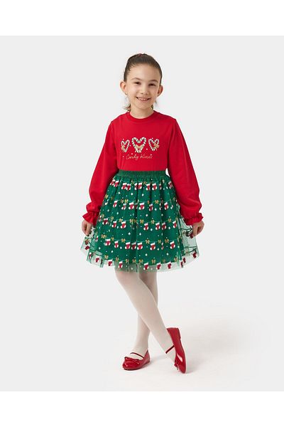 Magu Girl's Christmas Concept New Year's Themed Cotton Sweatshirt Skirt Bottom-Top Set