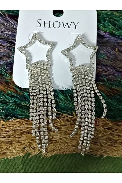 mos&more Crystal Stone Star Dangle Long Women's Evening Dress Earrings