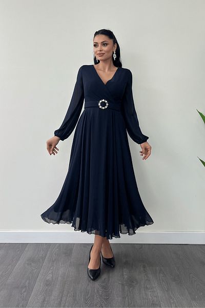 giyimmasalı Chiffon Fabric Belt Detailed Midi Dress - Navy Blue
