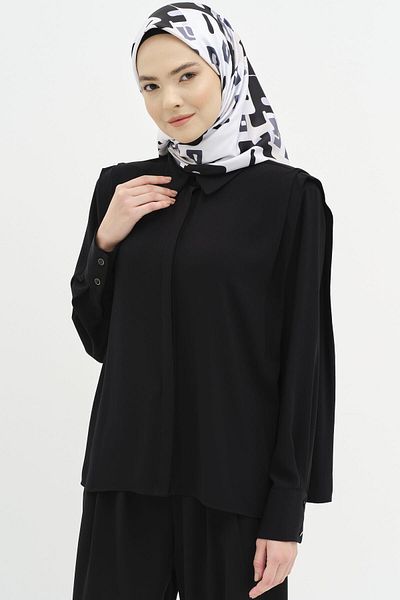 Tuğba Black Shoulder Pleat Padded Shirt Detail