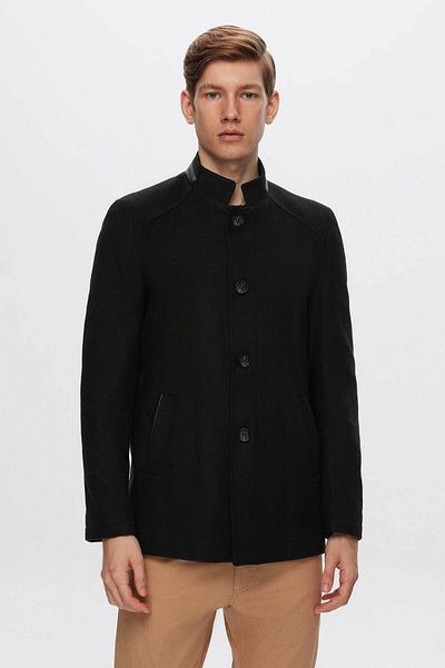 D'S Damat Ds Damat Regular Fit Black Stand Guler Stamp Coat