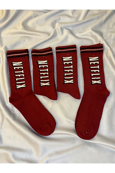 For Pretty 4-Piece Netflix Detail Unisex Red College Socks