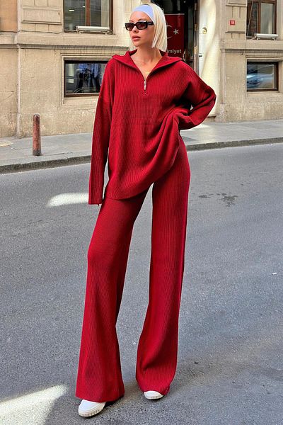 Swist Rotes Oversize-Strickpullover- und Hosen-Set für Damen – halber Reißverschluss