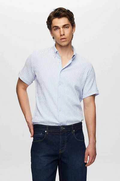 D'S Damat Μπλε Slim Fit Seersucker κοντομάνικο πουκάμισο