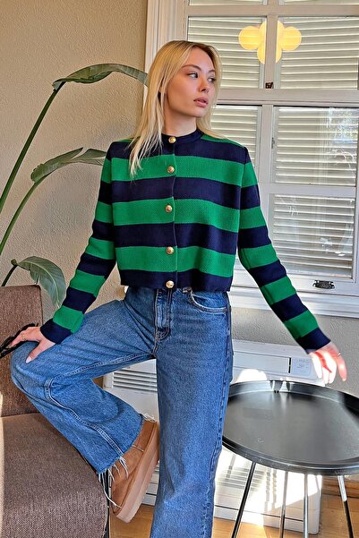 Swist Tricotaj cu dungi groase verde Cardigan de damă