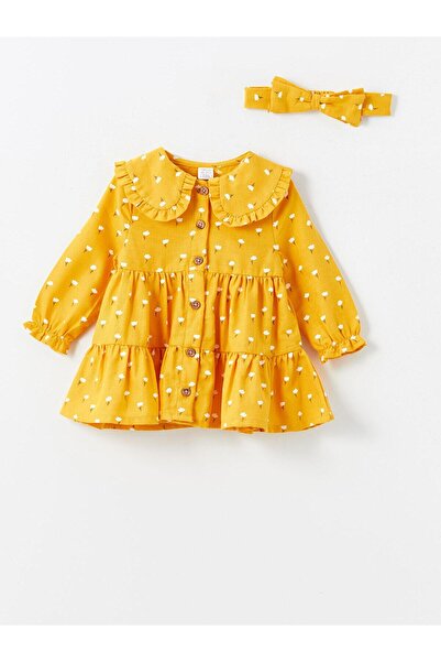 LC Waikiki LCW baby Bebe Yaka Uzun Kollu Çiçekli Kız Bebek Elbise ve Saç Bandı 2'li Takım