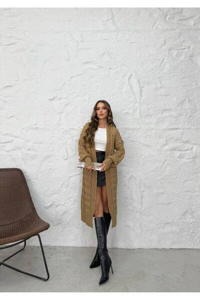 Koçer Triko sepet örgü düğmesiz uzun triko hırka camel