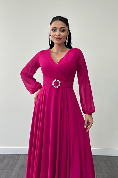 giyimmasalı Şifon Kumaş Kemer Detaylı Midi Elbise - FUŞYA