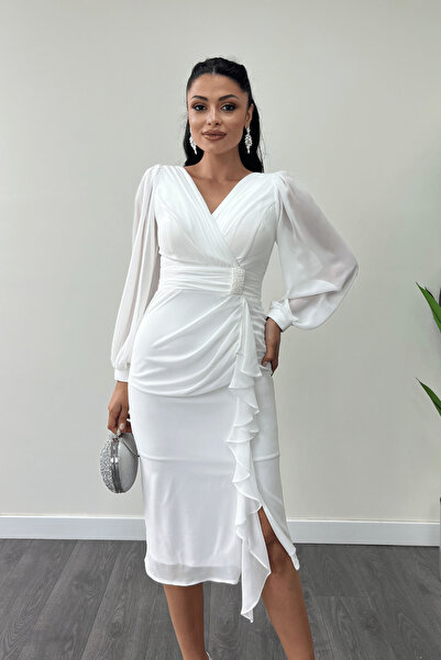giyimmasalı Φόρεμα μολύβι με λεπτομέρεια από ύφασμα σιφόν - ΛΕΥΚΟ