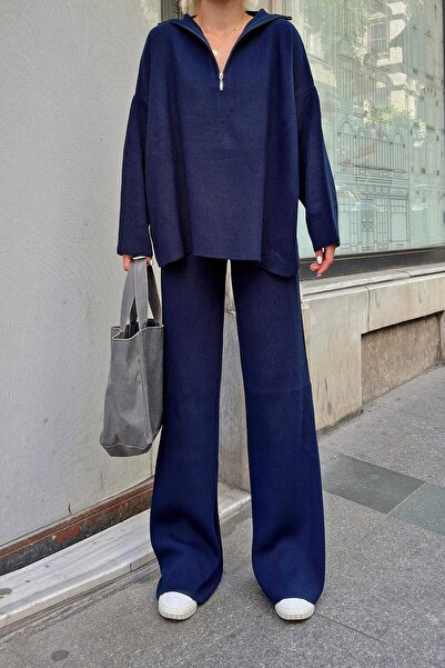 Swist Темно-синій об'ємний светр-пуловер і брючний комплект на блискавці