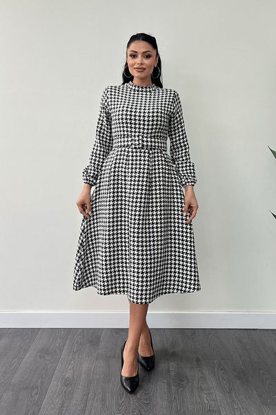 giyimmasalı Houndstooth Print Midi Dress - Black