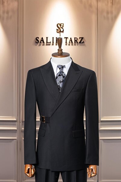 Salihtarzz Takım Elbise İtalyan Kesim Kemerli Premium Siyah SD41064