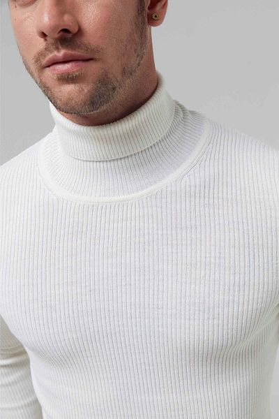 Twn Πλεκτό πουλόβερ Slim Fit Ecru Rib Knit Half Fisherman Wool