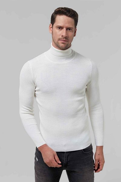 Twn Πλεκτό πουλόβερ Slim Fit Ecru Rib Knit Half Fisherman Wool