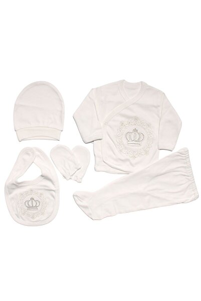 bebegen Erkek Bebek Ekru Taşlı Taçlı 5 Parça Hastane Çıkış Seti