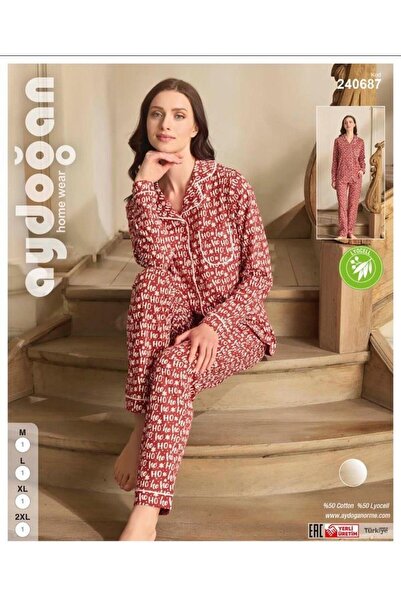 Aydoğan 240687   Red Women's Front Button Long Sleeve Pajamas Set
