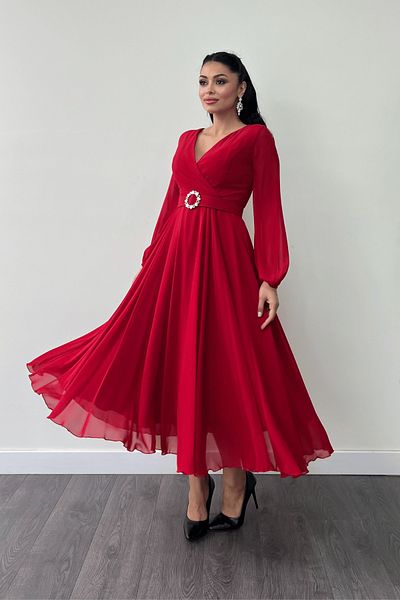 giyimmasalı Red Midi Chiffon Dress - Belt Detail