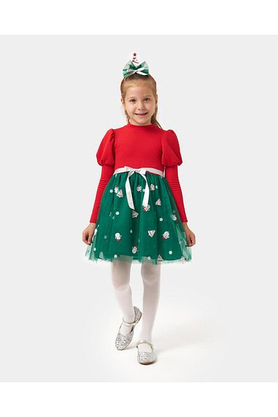 Magu Girl's Balloon Sleeve Crowned Tulle New Year's New Year's Christmas Cotton Dress