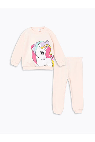 LC Waikiki LCW ECO Açık Somon Bisiklet Yaka Baskılı Kız Bebek Sweatshirt ve Eşofman Alt 2'li