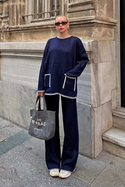 Swist Темно-синій светр і штани оверсайз комплект Coban Шиття з подвійною кишенею