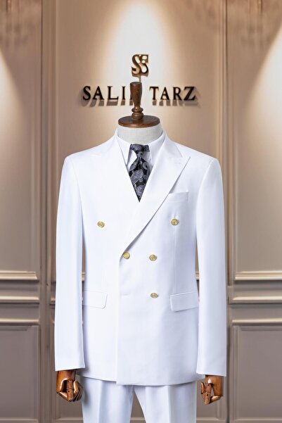 Salihtarzz Takım Elbise İtalyan Kesim Kruvaze Beyaz SD41066