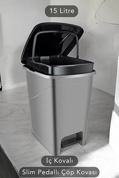 Carat Home İç Kovalı Slim Pedallı Banyo Mutfak Çöp Kovası - 15 Litre - Antrasit