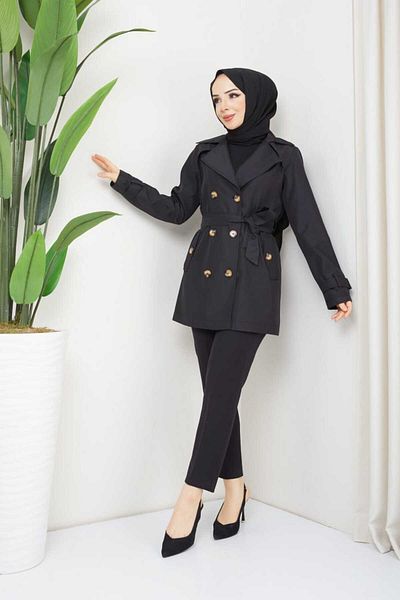 B.HE.Z Women's Lined Belted Pocket Water Repellent Fabric Crop Trench Coat
