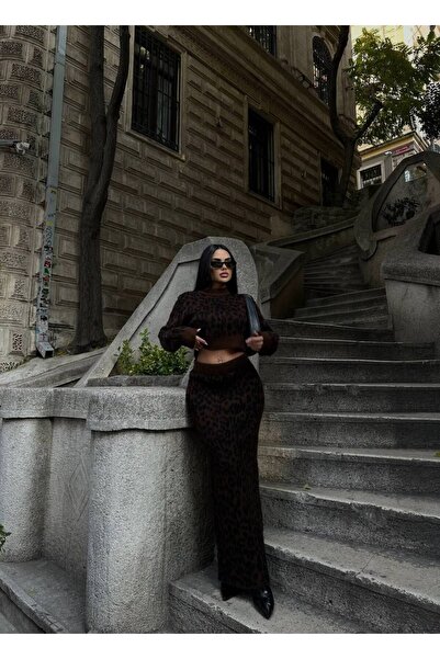 Friday Mood Γυναικεία μάλλινη φούστα με λεοπάρ σχέδιο και σετ Crop