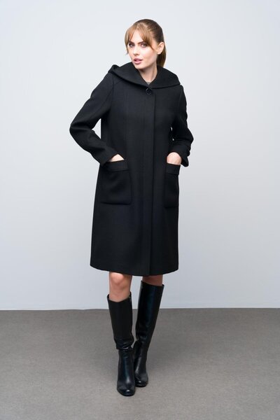 Olcay Černý kabát s kapucí s oplatkovým vzorem - Garni Detailed 3022