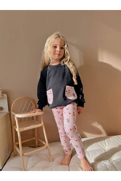 YİGİT BUTİK Yigit Boutique Floral Printed Tights Girl's Bottom Top Set