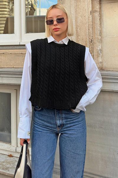 Swist Black Women's Knitwear Sweater with Hair Braid Pattern - Tie Detail