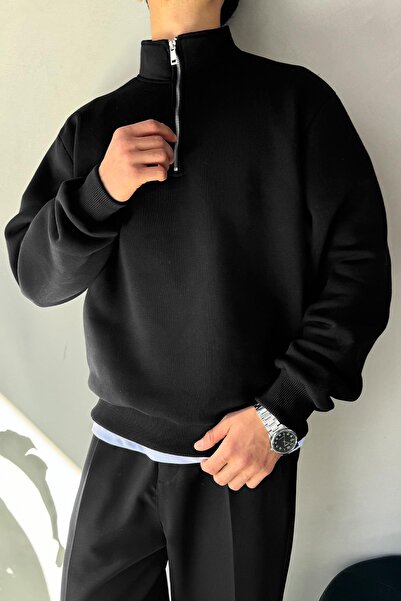 Flaw Wear Μαύρο φούτερ με μισό φερμουάρ Oversize Polo Neck