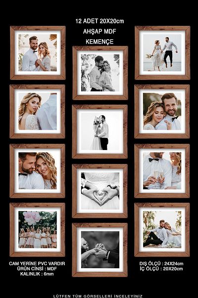 Bytwo 12 Pieces 20x20 Frame - Square Frame - MDF Kemençe Frame - Multiple Photo Frame Set