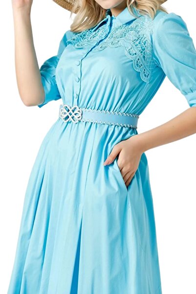 rapellin Detailní výšivka a pásek popelínové šaty 1778-tyrkysová