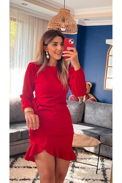 JANES Rochie de damă, cu mânecă lungă, decolteu, cu volan în față, din crep importat