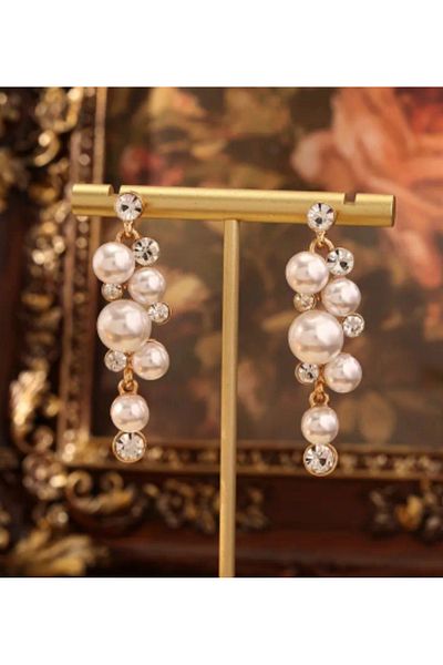 ER TAKI Stylish Engagement Henna Wedding Evening Dress Earrings with Gold Colored Stones and Pearls