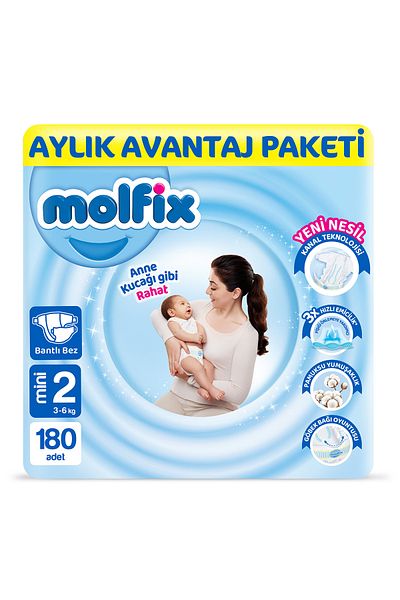 Molfix 180 Pieces Mini Baby Diapers - Size 2 Monthly Avn. Package