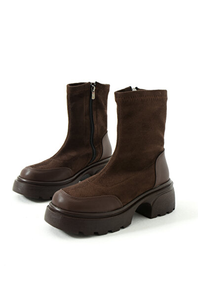 Gökçe Shoes Kinu Acı Kahve Süet Streç Kadın Postal Bot