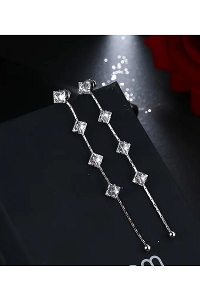 ER TAKI Stoned Silver Colored Long Tassel Stylish Engagement Henna Wedding Wedding Evening Dress Earrings