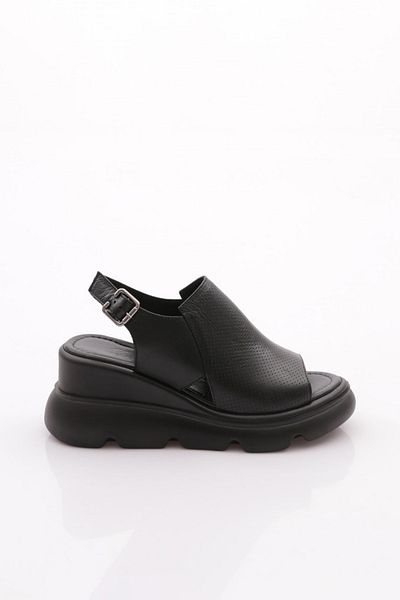 DGN Sandale de damă cu talpă groasă din piele naturală neagră - 3122187635108