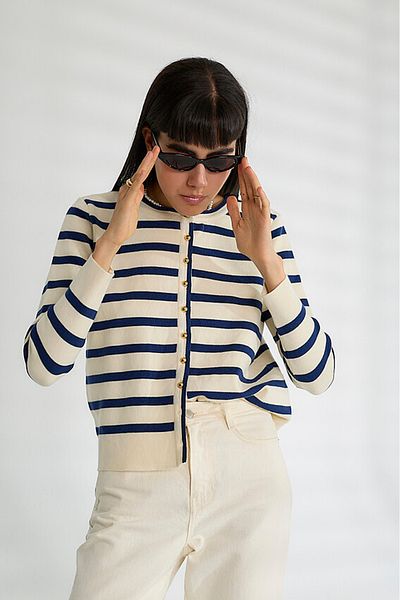 Robin Women's Stone-Navy Blue Striped Buttoned Knitwear Cardigan