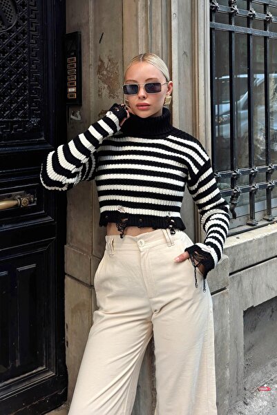 Swist Pulover crop rupt negru cu dungi Fisherman - Tricoturi dama