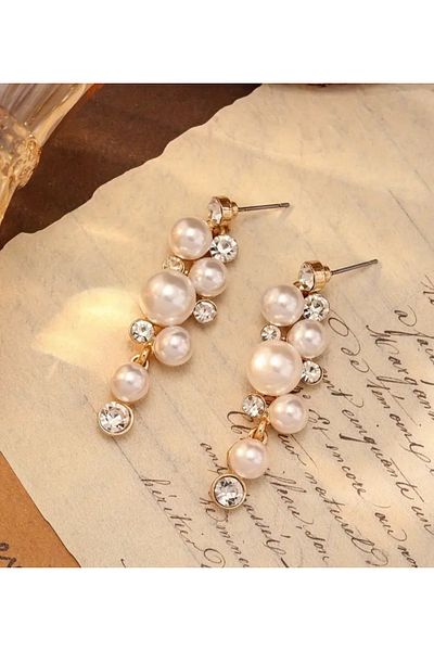 ER TAKI Stylish Engagement Henna Wedding Evening Dress Earrings with Gold Colored Stones and Pearls