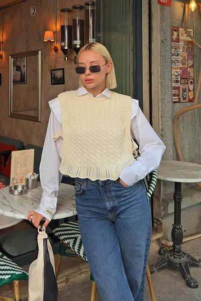 Swist Beige gestrickter, gemusterter Damen-Strickpullover – mit Bindedetail