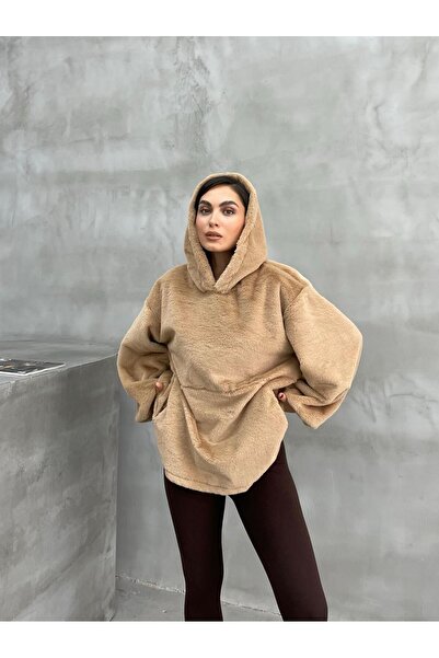 msm fashion Γυναικείο βελούδινο φούτερ Oversize - με κουκούλα, τσέπες και λαστιχένια μανίκια