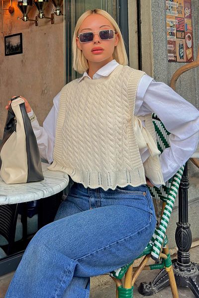 Swist Beige gestrickter, gemusterter Damen-Strickpullover – mit Bindedetail