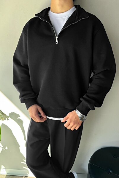 Flaw Wear Μαύρο φούτερ με μισό φερμουάρ Oversize Polo Neck