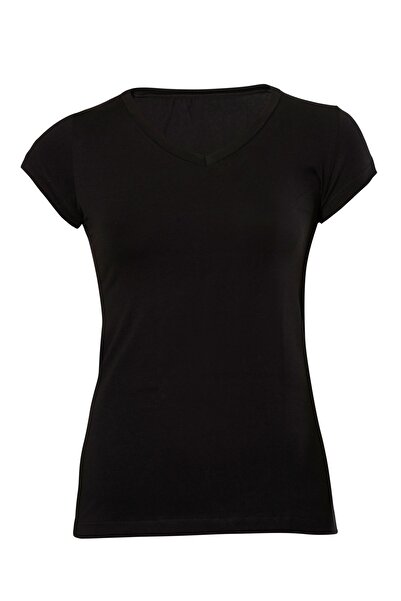 Anıt 2840 Жіночий чорний V-подібний комір, короткий рукав, футболка