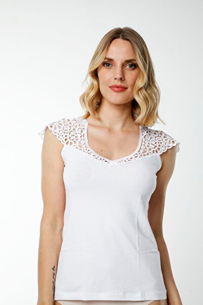 Hmd 2434 White Cotton Shoulder Guipure Detailed Zero Sleeve Women's Tank Top