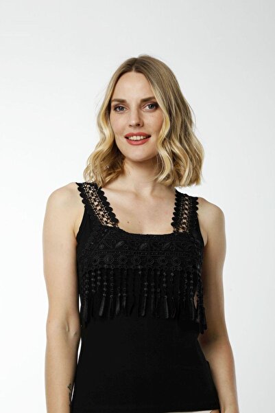 Hmd 2475 Black Comfortable Texture Cotton Chest Part Guipure Detailed Thick Strap Women's Athlete